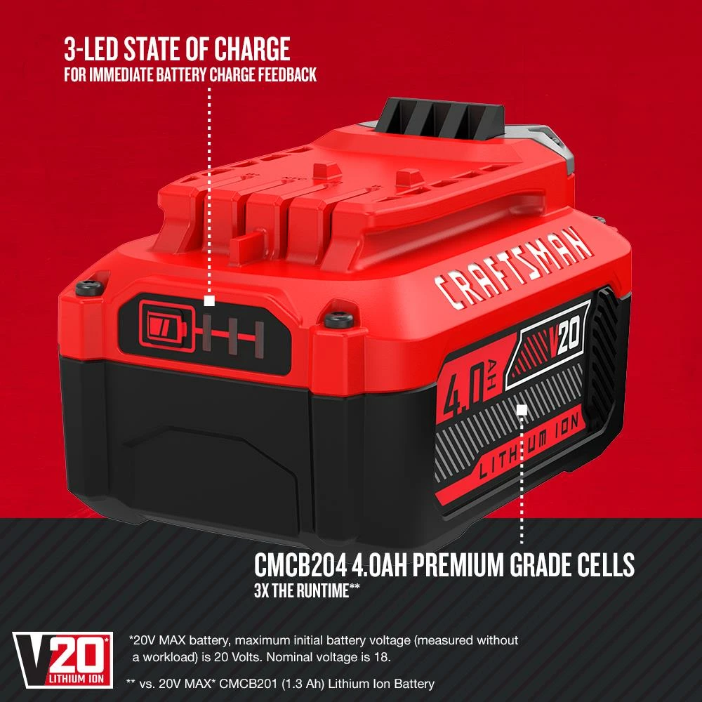 CRAFTSMAN Power Tool Batteries & Chargers V20 20-Volt Max 4 Amp-Hour Lithium Power Tool Battery 2 CRAFTSMAN Power Tool Batteries & Chargers V20 20-Volt Max 4 Amp-Hour Lithium Power Tool Battery - Image 2