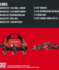 CRAFTSMAN Power Tool Combo Kits V20 4-Tool 20-Volt Max Power Tool Combo Kit with Soft Case (2-Batteries Included and Charger Included) -Craftsman Store 09653163