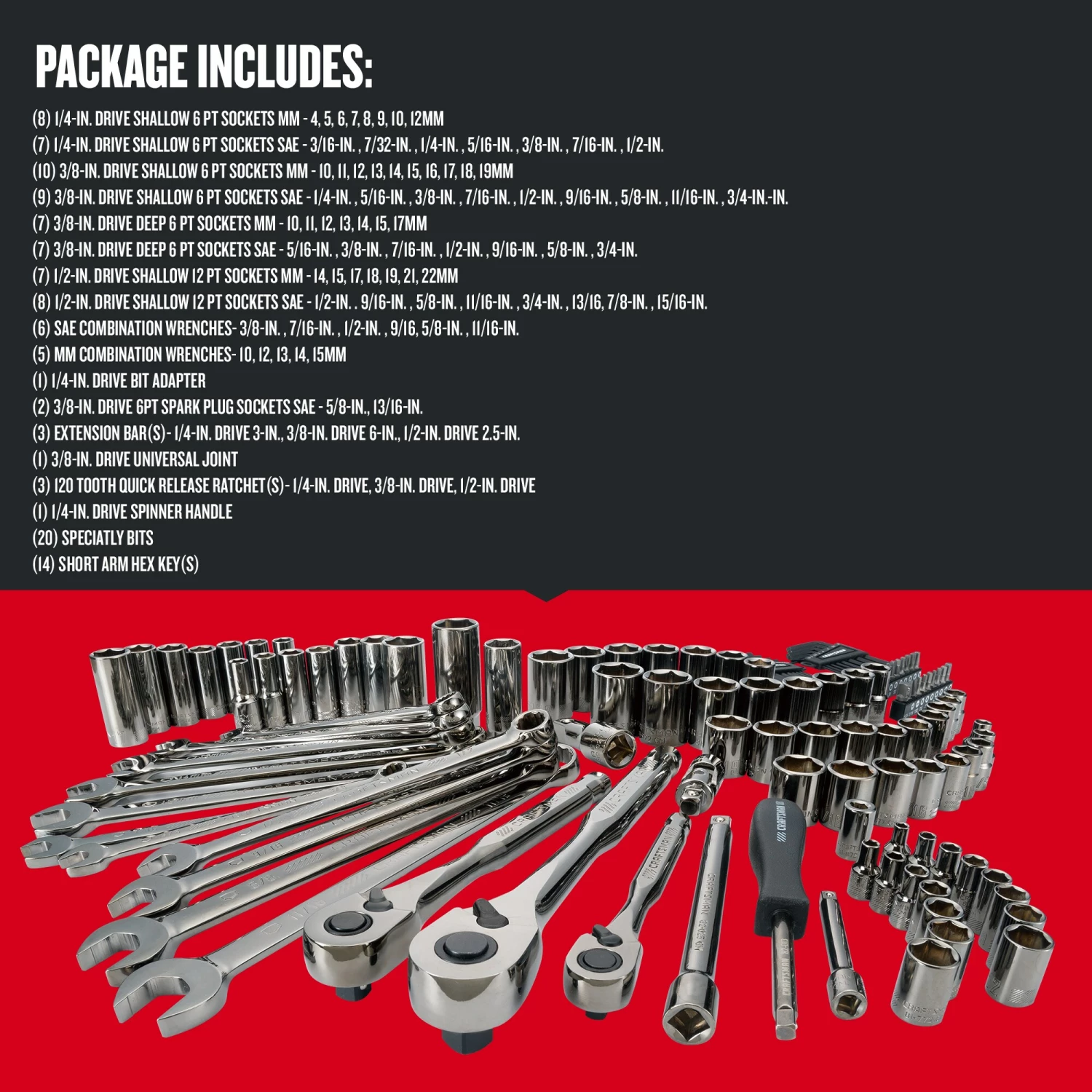 CRAFTSMAN Mechanics Tool Sets 121-Piece Standard (SAE) and Metric Combination Gunmetal Chrome Mechanics Tool Set (1/4-in; 3/8-in) 7 CRAFTSMAN Mechanics Tool Sets 121-Piece Standard (SAE) and Metric Combination Gunmetal Chrome Mechanics Tool Set (1/4-in; 3/8-in) - Image 7