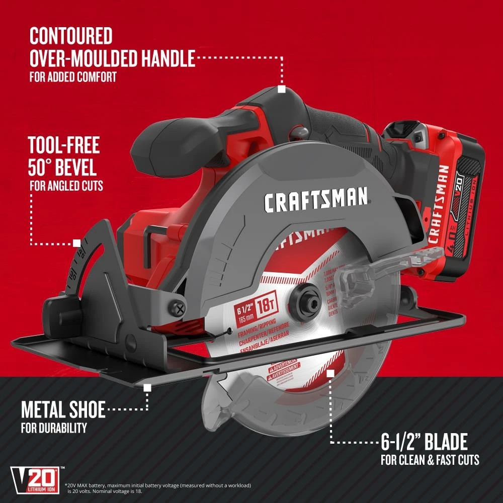 CRAFTSMAN Circular Saws V20 20-Volt Max 6-1/2-in Cordless Circular Saw Kit Circular Saw (1-Battery and Charger Included) 9 CRAFTSMAN Circular Saws V20 20-Volt Max 6-1/2-in Cordless Circular Saw Kit Circular Saw (1-Battery and Charger Included) - Image 9