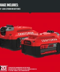 CRAFTSMAN Power Tool Batteries & Chargers V20 20-Volt Max 2-Pack 4 Amp-Hour; 4 Amp-Hour Lithium Power Tool Battery -Craftsman Store 10145267