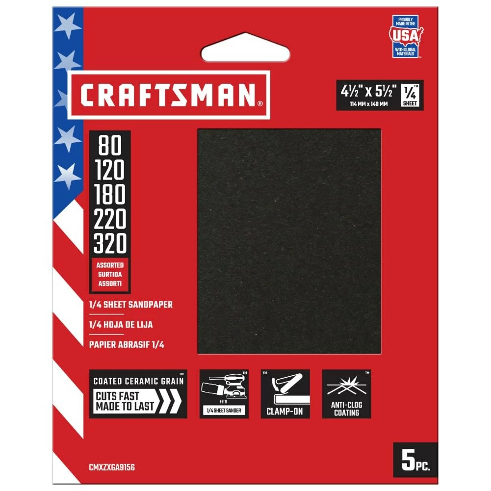 CRAFTSMAN Power Tool Sandpaper Ceramic 1/4 Sheet Asst Grit 5pk 5-Piece Ceramic Alumina Multi-grade Pack Sheet Sandpaper 1 CRAFTSMAN Power Tool Sandpaper Ceramic 1/4 Sheet Asst Grit 5pk 5-Piece Ceramic Alumina Multi-grade Pack Sheet Sandpaper