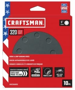 CRAFTSMAN Power Tool Sandpaper 5 In 8H H/L Cer Disc 320 Grt 10pk 10-Piece Ceramic Alumina 320-Grit Disc Sandpaper