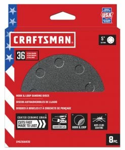 CRAFTSMAN Power Tool Sandpaper 5 In 8H H/L Cer Disc 36 Grit 8pk 8-Piece Ceramic Alumina 36-Grit Disc Sandpaper