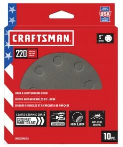 CRAFTSMAN Power Tool Sandpaper 5 In 8H H/L Cer Disc 220 Grt 10pk 10-Piece Ceramic Alumina 220-Grit Disc Sandpaper