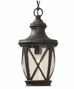 allen + roth Pendant Lighting Castine Bronze Craftsman Seeded Glass Lantern LED Outdoor Pendant Light