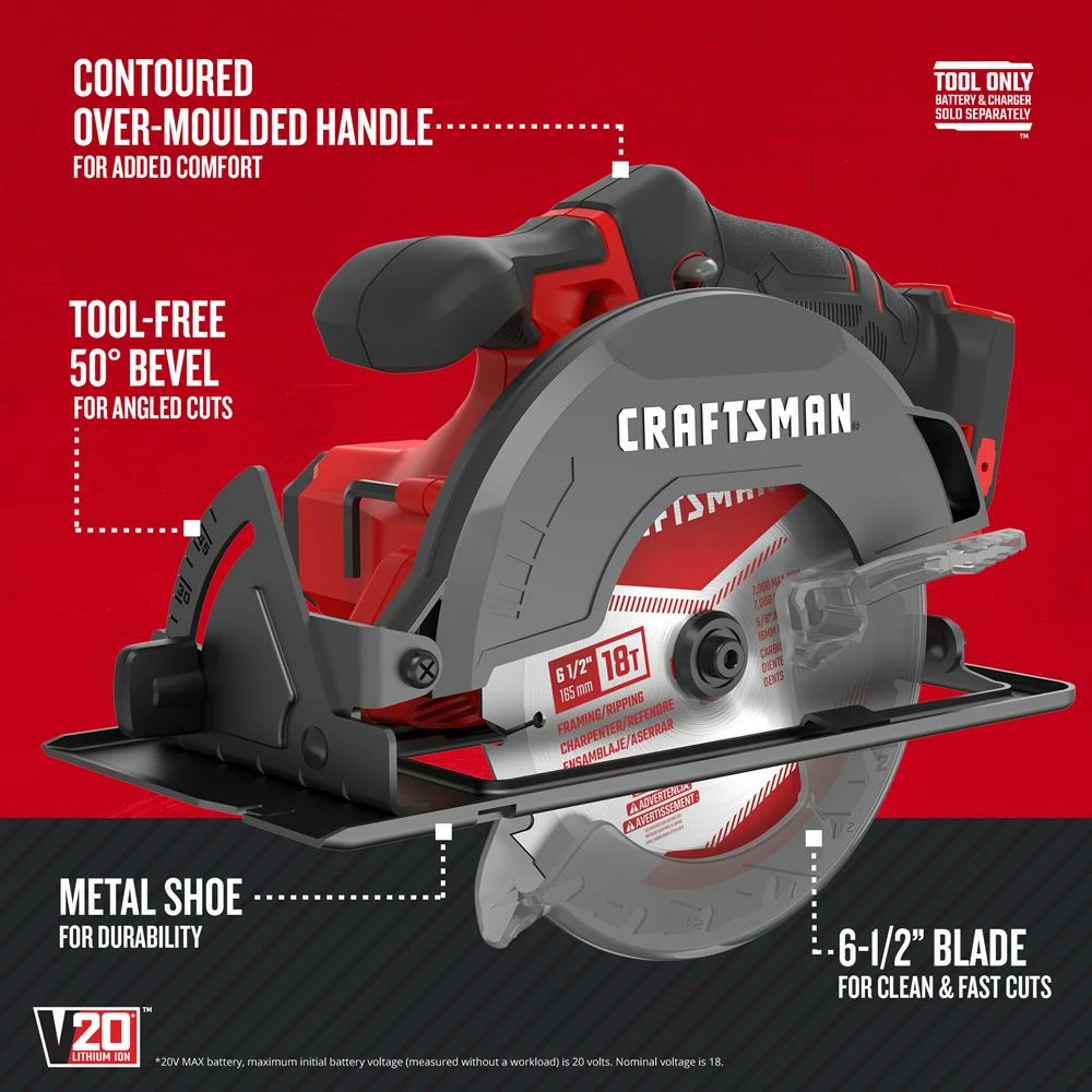 CRAFTSMAN Circular Saws V20 20-Volt Max 6-1/2-in Cordless Compact Saw Circular Saw 6 CRAFTSMAN Circular Saws V20 20-Volt Max 6-1/2-in Cordless Compact Saw Circular Saw - Image 6