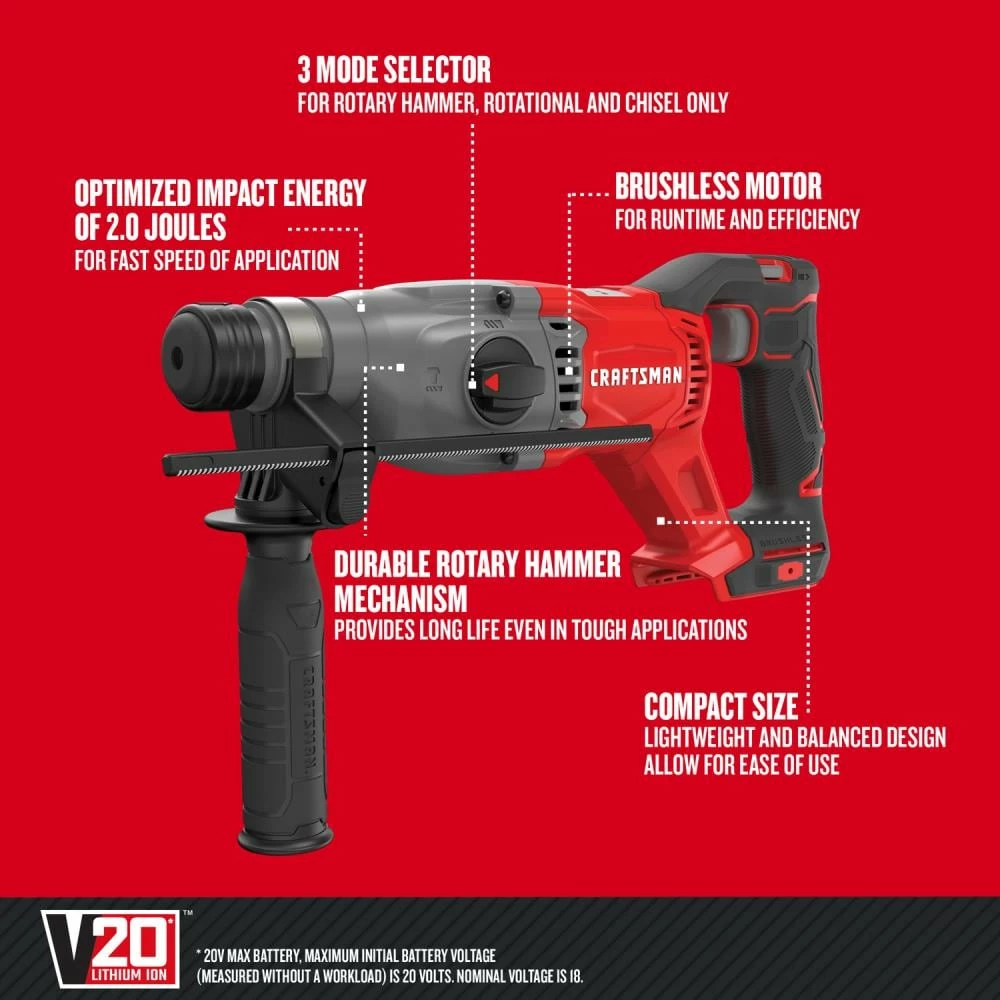 CRAFTSMAN Rotary Hammer Drills V20 20-Volt Max-Amp 1-in SDS-Plus Variable Speed Cordless Rotary Hammer Drill 3 CRAFTSMAN Rotary Hammer Drills V20 20-Volt Max-Amp 1-in SDS-Plus Variable Speed Cordless Rotary Hammer Drill - Image 3