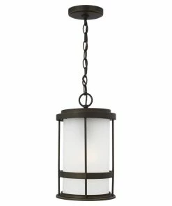 Sea Gull Lighting Pendant Lighting Wilburn Antique Bronze Craftsman Etched Glass Cylinder Outdoor Pendant Light