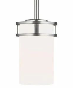 Sea Gull Lighting Pendant Lighting Robie Brushed Nickel Craftsman Etched Glass Cylinder Mini Pendant Light