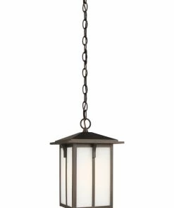 Sea Gull Lighting Pendant Lighting Tomek Antique Bronze Craftsman Etched Glass Lantern Outdoor Pendant Light