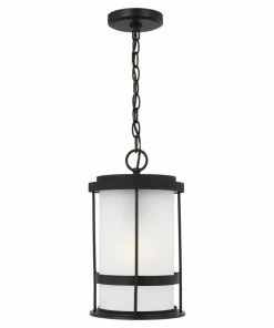 Sea Gull Lighting Pendant Lighting Wilburn Black Craftsman Etched Glass Cylinder Outdoor Pendant Light